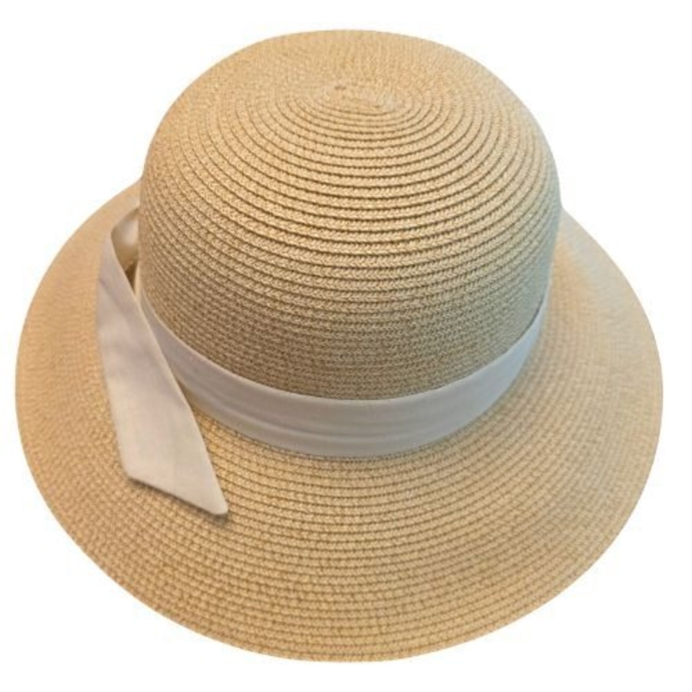 Furtalk Womens M/L Woven Straw Wide Brim Sun Hat White Ribbon Adjustable Strap